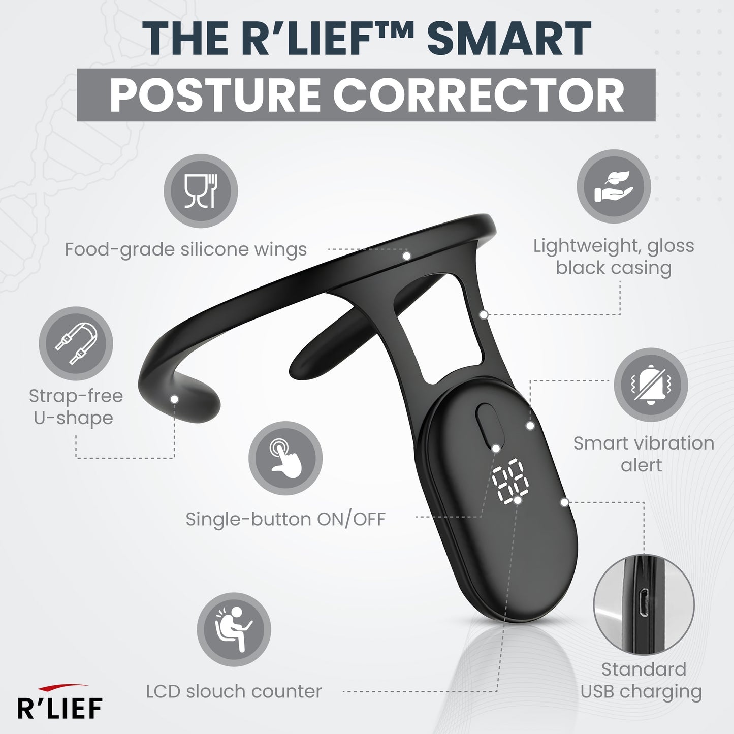 R’LIEF Smart Posture Corrector showing product features like food-grade silicone wings, strap-free U-shape, and USB charging.