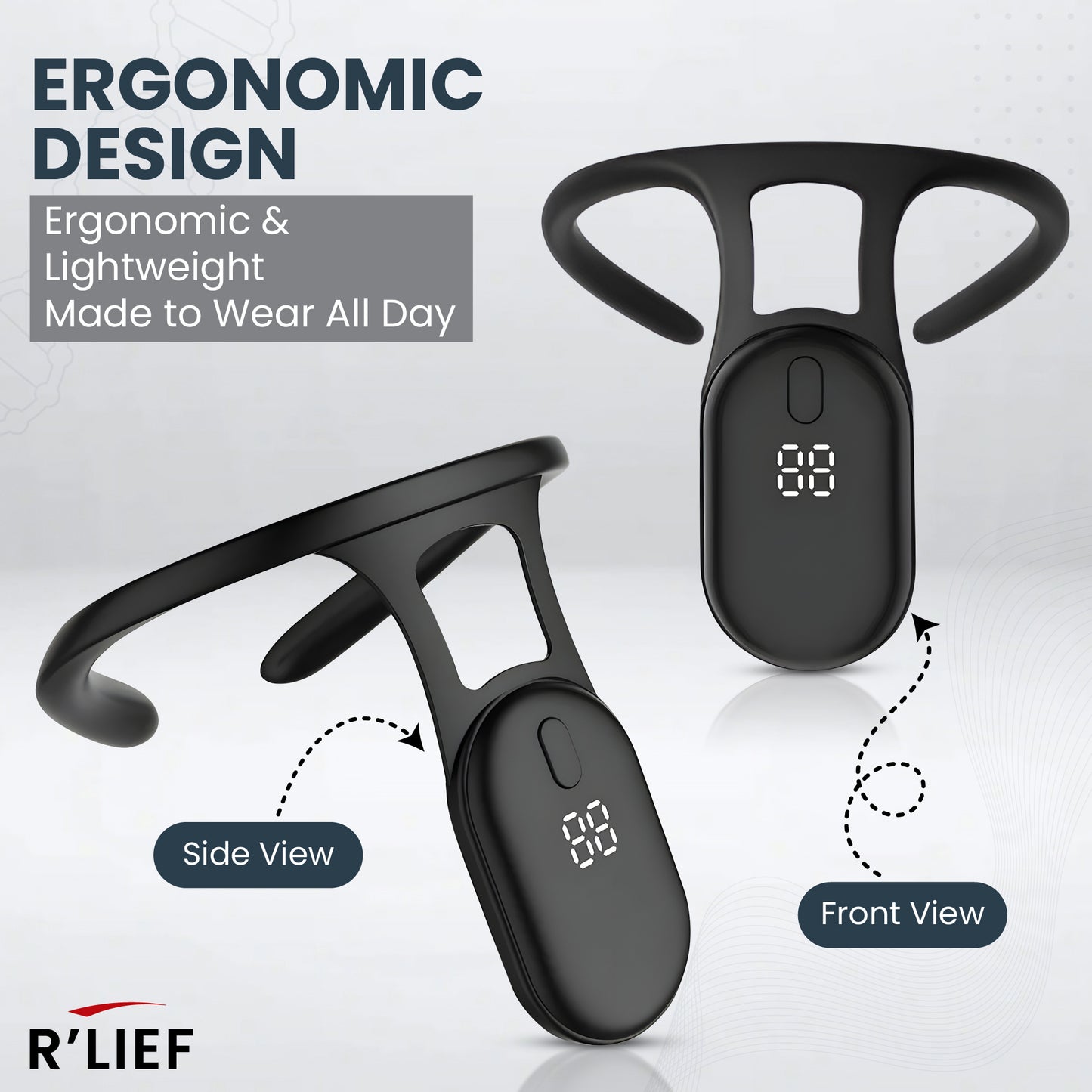 Front and side view of R’LIEF Smart Posture Corrector with ergonomic lightweight design.