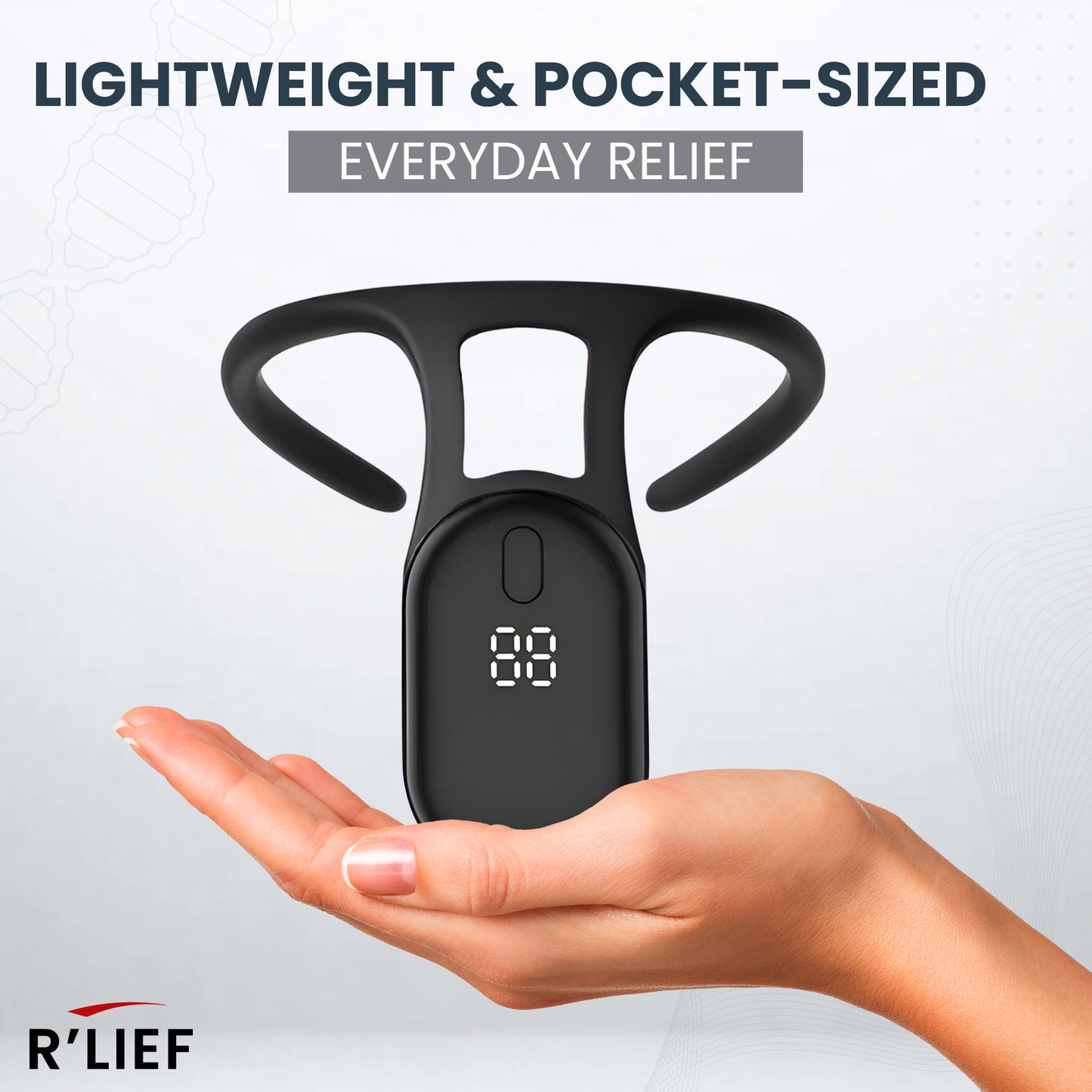 R’LIEF Smart Posture Corrector shown on palm to demonstrate lightweight, pocket-sized portability.