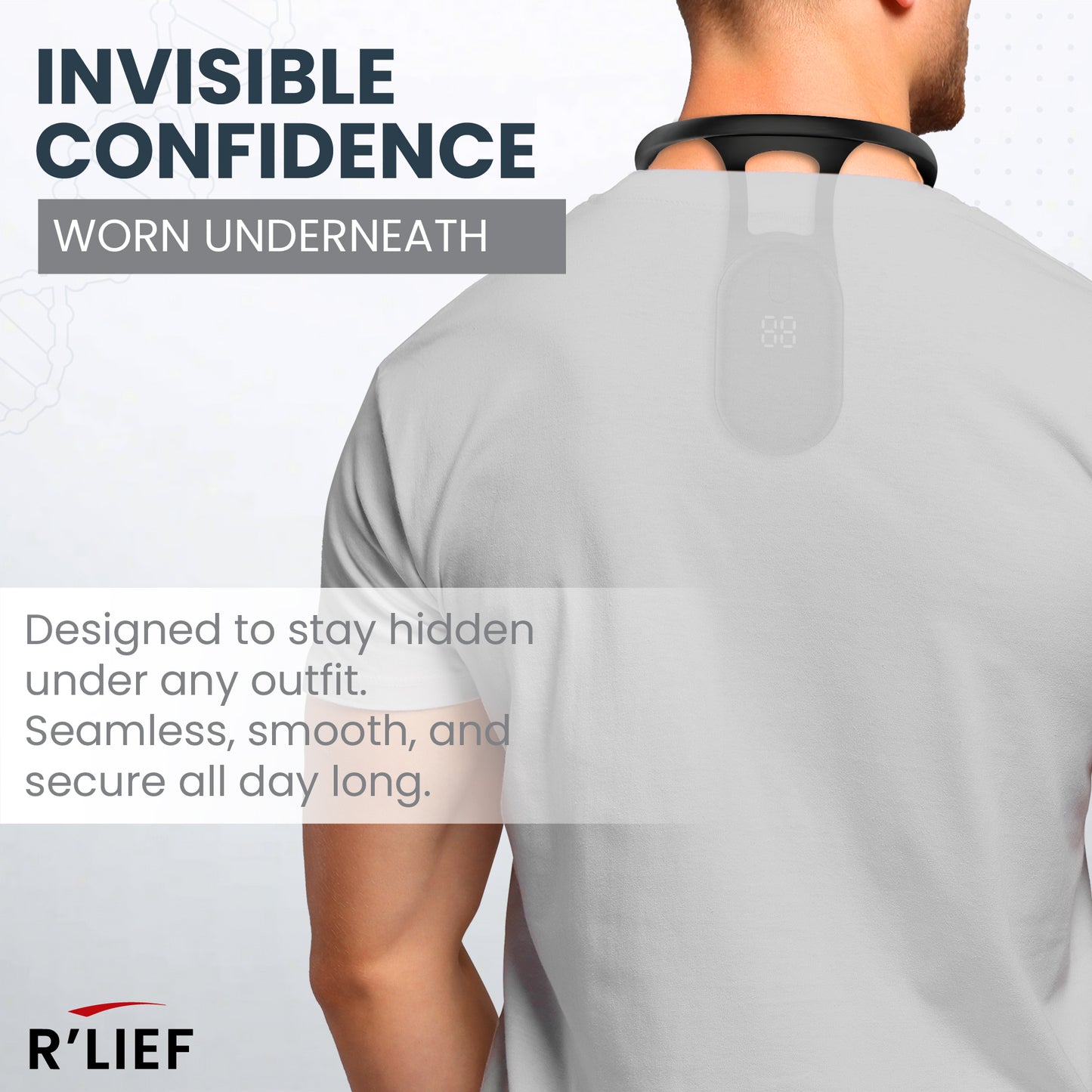 Back view of man wearing R’LIEF posture corrector under shirt for invisible posture support.