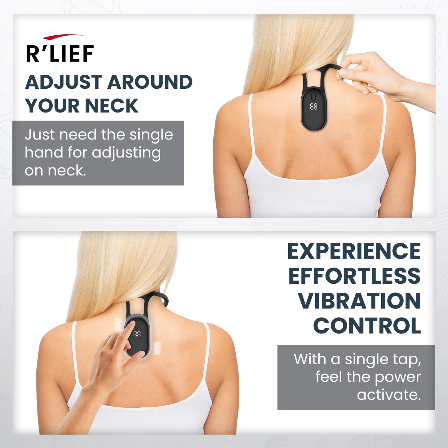 Woman adjusting R’LIEF Smart Posture Corrector around neck and activating vibration feedback