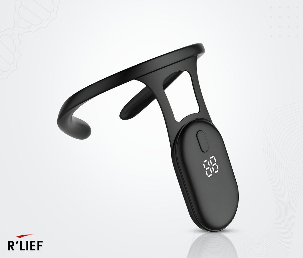 R’LIEF smart posture corrector with digital slouch counter, shown in a floating product view on a clean white background
