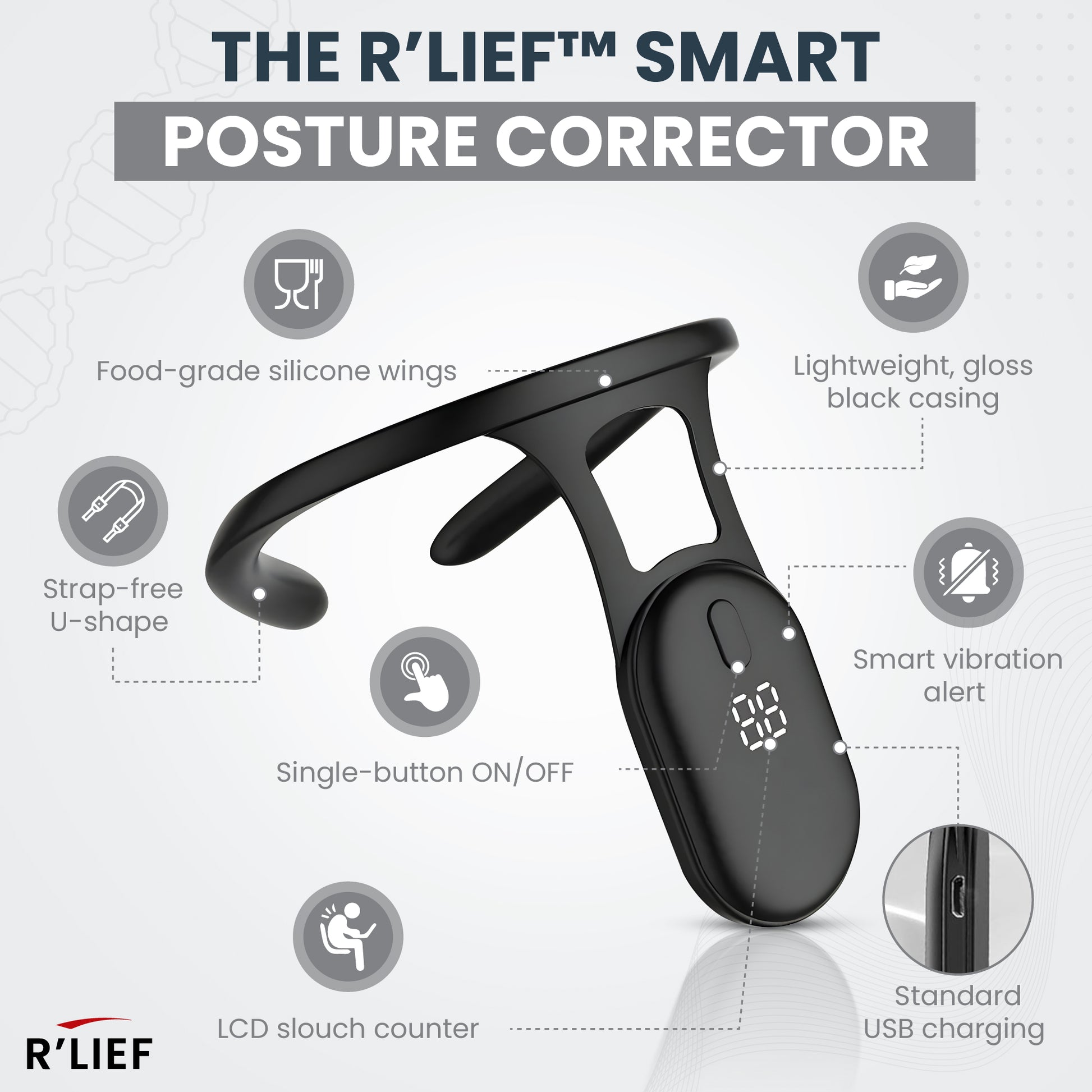 R’LIEF Smart Posture Corrector showing product features like food-grade silicone wings, strap-free U-shape, and USB charging.