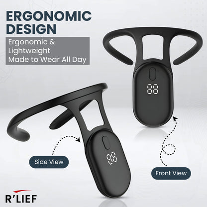 Front and side view of R’LIEF Smart Posture Corrector with ergonomic lightweight design.