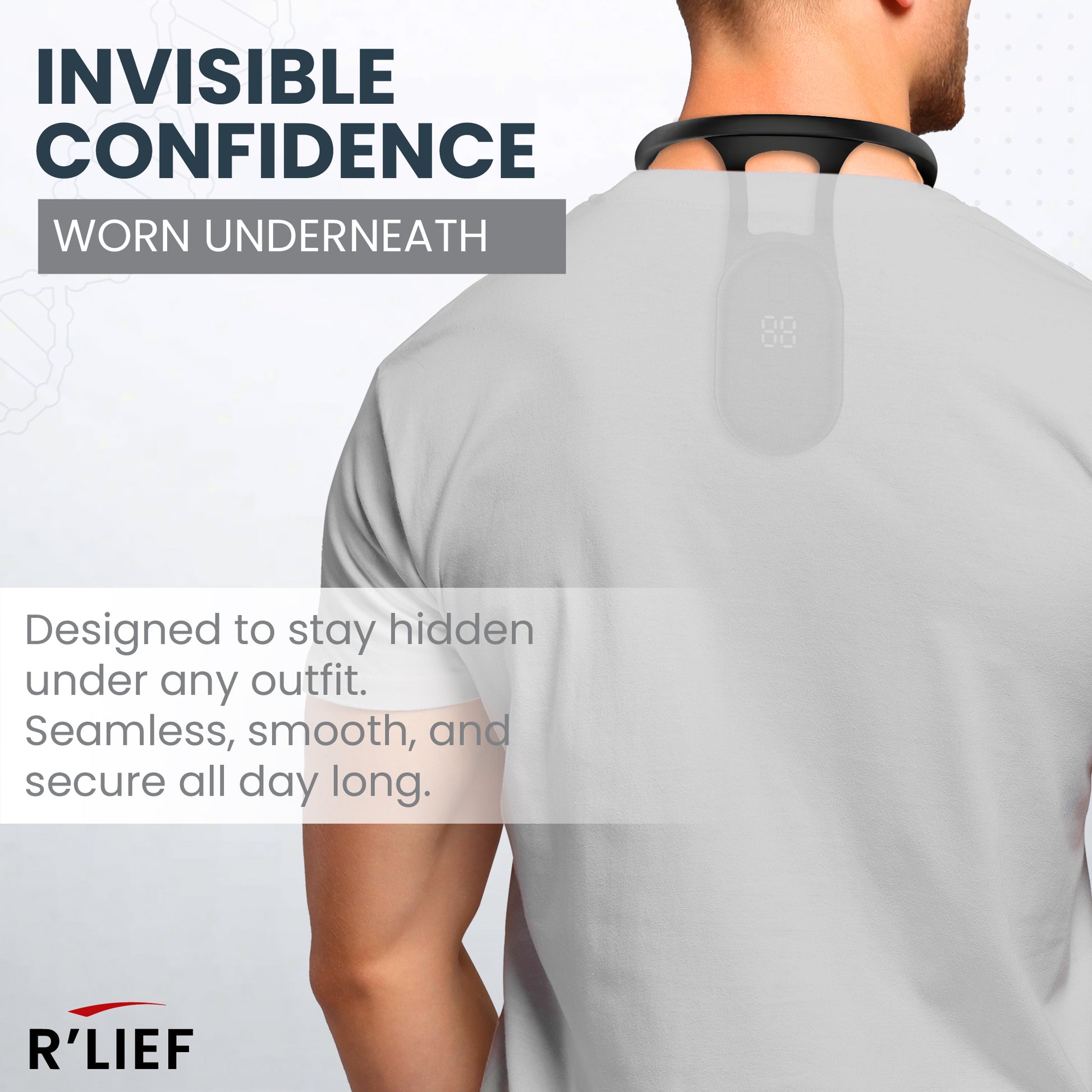 Back view of man wearing R’LIEF posture corrector under shirt for invisible posture support.