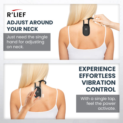 Woman adjusting R’LIEF Smart Posture Corrector around neck and activating vibration feedback
